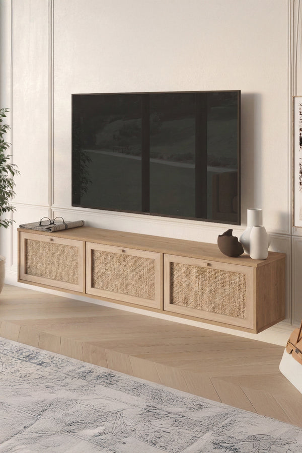 Wall Mounted Oak & Rattan Media Cabinet with 3 Doors