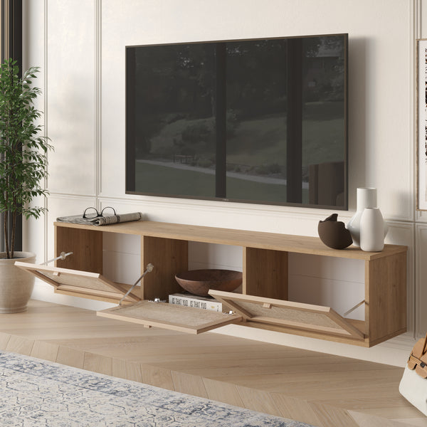 Wall Mounted Oak & Rattan Media Cabinet with 3 Doors