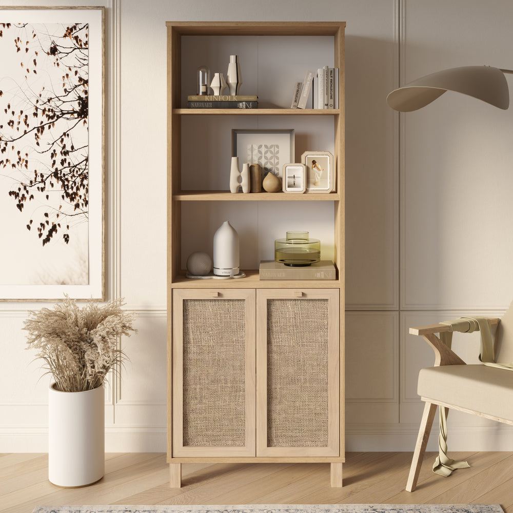 Natural Rattan 2-Door Bookcase with Storage