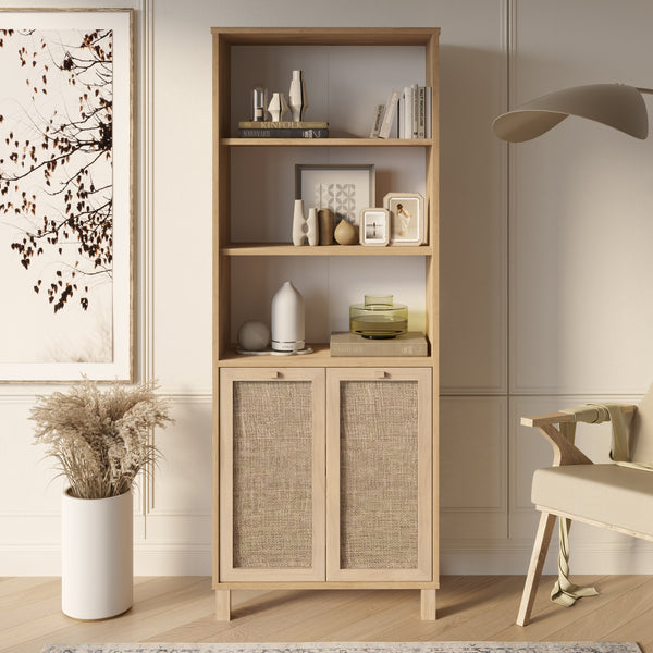 Natural Rattan 2-Door Bookcase with Storage