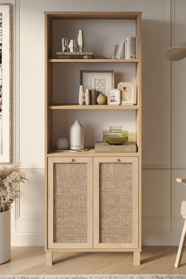 Natural Rattan 2-Door Bookcase with Storage