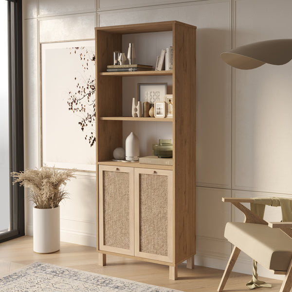 Natural Rattan 2-Door Bookcase with Storage