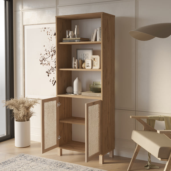 Natural Rattan 2-Door Bookcase with Storage