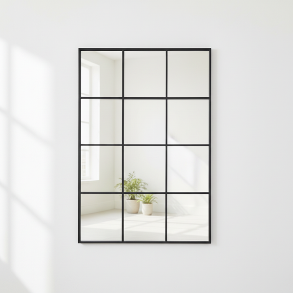Grid-Style Black Metal Frame Mirror
