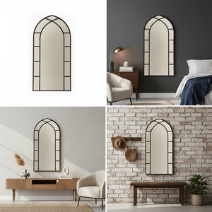 Large Gothic-Style Arched Wall Black Metal Frame Mirror