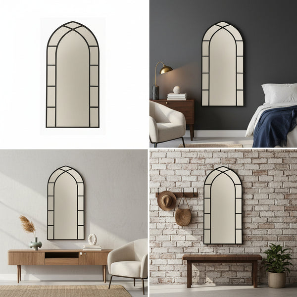 Large Gothic-Style Arched Wall Black Metal Frame Mirror