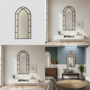 Large Gothic-Style Arched Wall Black Metal Frame Mirror