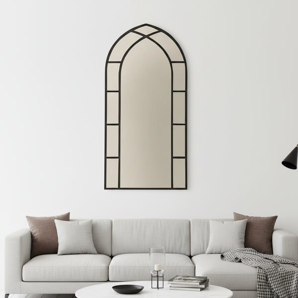 Large Gothic-Style Arched Wall Black Metal Frame Mirror