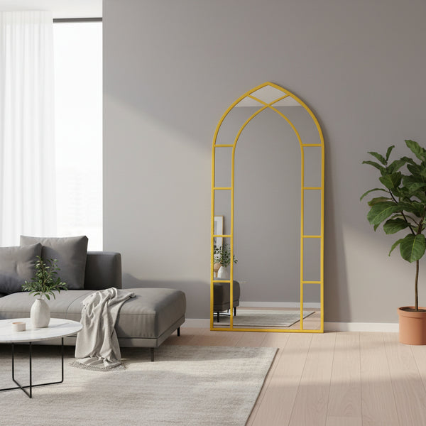 Large Gothic-Style Arched Wall Gold Metal Mirror