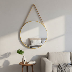 Round Gold Wall Mirror with Hanging Strap