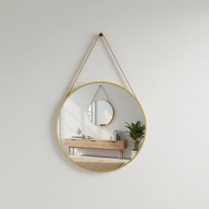 Round Gold Wall Mirror with Hanging Strap