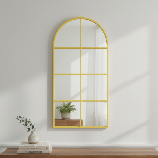 Arched Gold Metal Windowpane Mirror