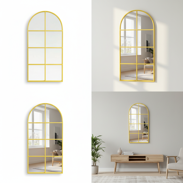 Arched Gold Metal Windowpane Mirror