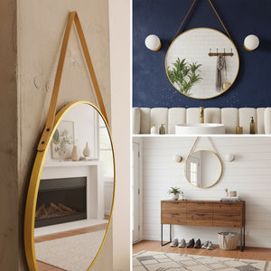 Round Gold Wall Mirror with Hanging Strap