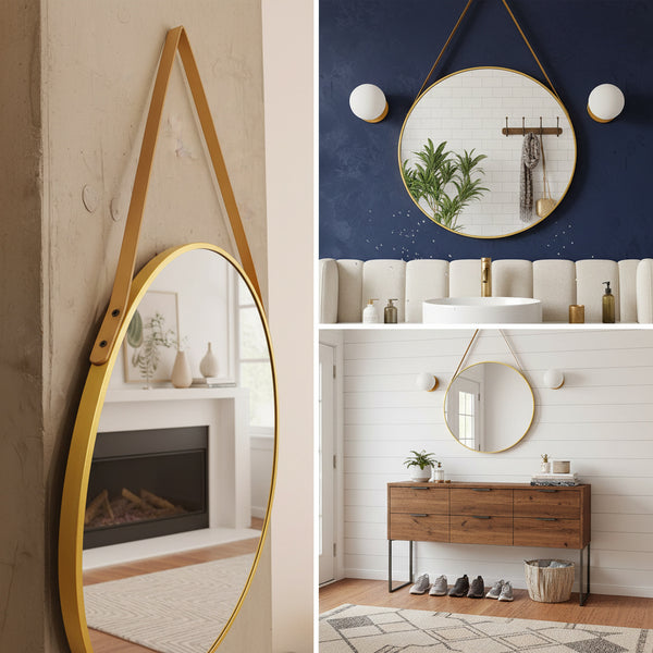 Round Gold Wall Mirror with Hanging Strap