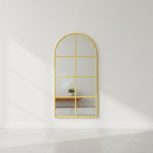 Arched Gold Metal Windowpane Mirror