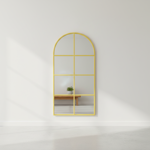 Arched Gold Metal Windowpane Mirror