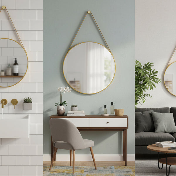 Round Gold Wall Mirror with Hanging Strap