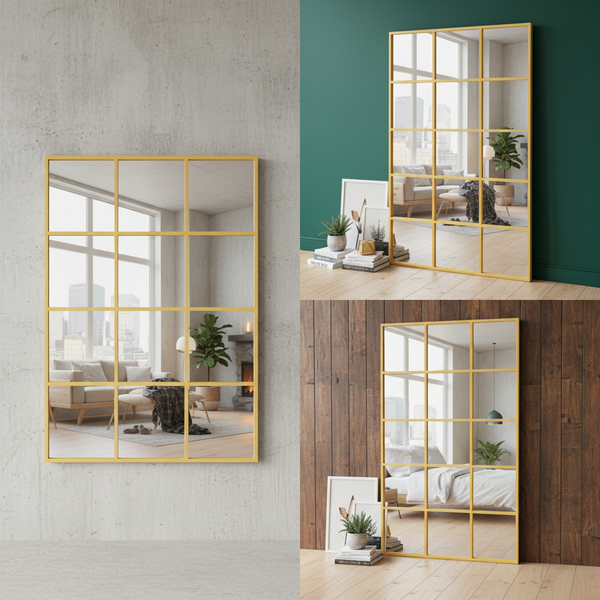 Gold Metal Frame Grid Mirror