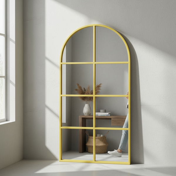 Arched Gold Metal Windowpane Mirror