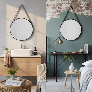 Round Black Wall Mirror with Hanging Strap