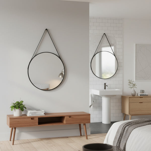 Round Black Wall Mirror with Hanging Strap