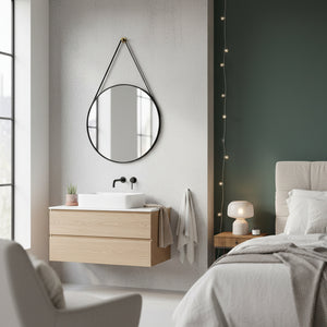 Round Wall Black Metal Mirror with Hanging Strap