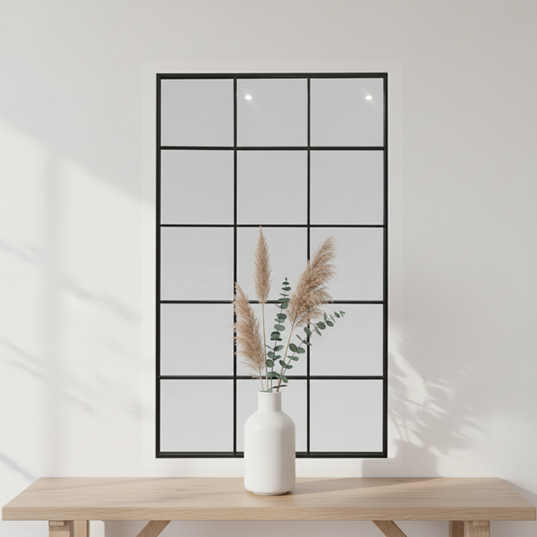 Large Black Metal Grid Mirror