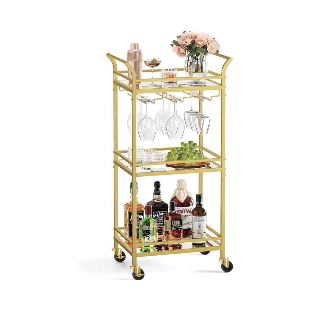 3-Tier Gold Bar Cart with Mirrored Shelves - Karrari