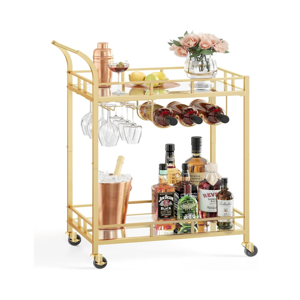 Gold Bar Cart with 2 Mirrored Shelves & Wine Holders - Karrari