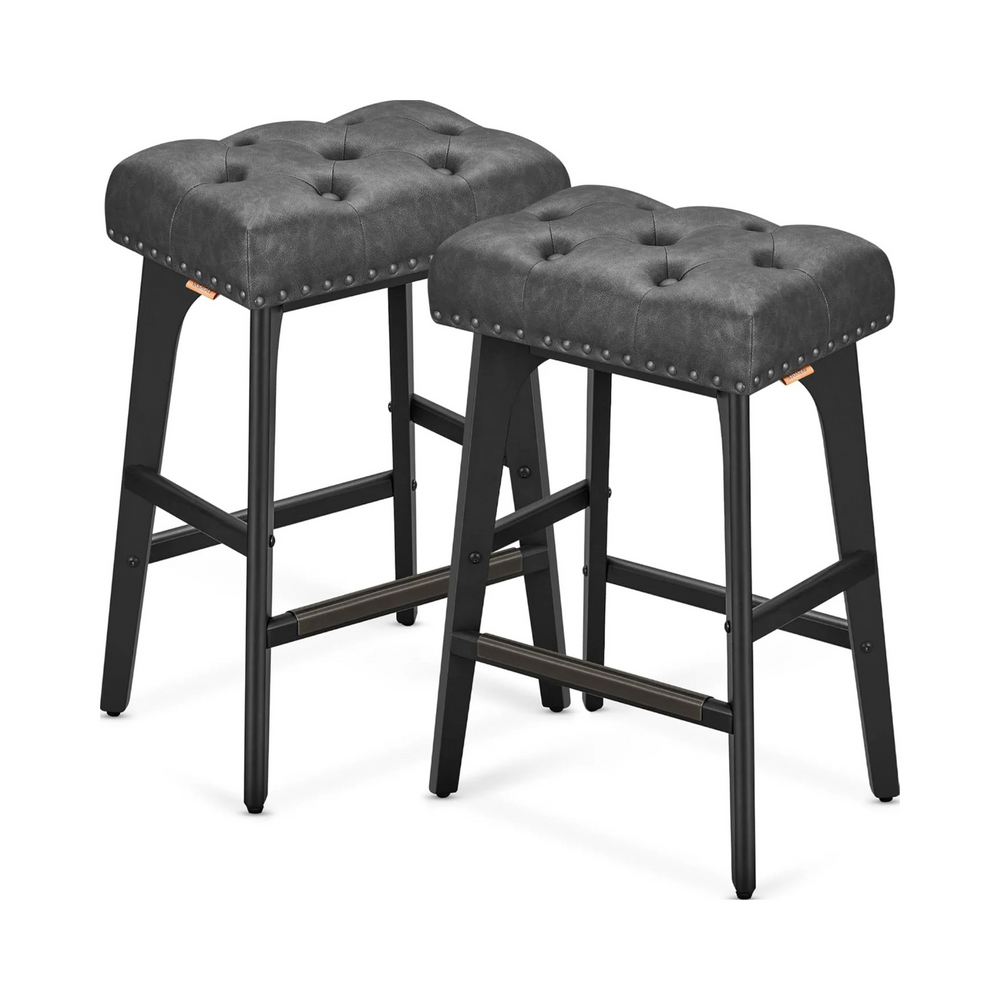 Set of 2 Faux Leather Bar Stools with Buttons & Rivets - Karrari