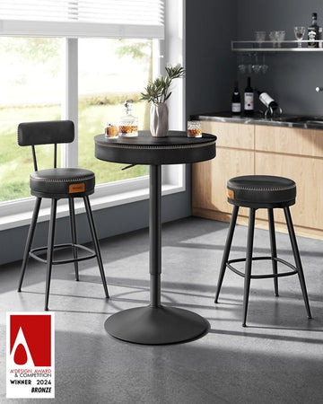 Bar Table Height Adjustable Small Table with Storage Space Faux Leather Stitching Mid-Century Modern Style