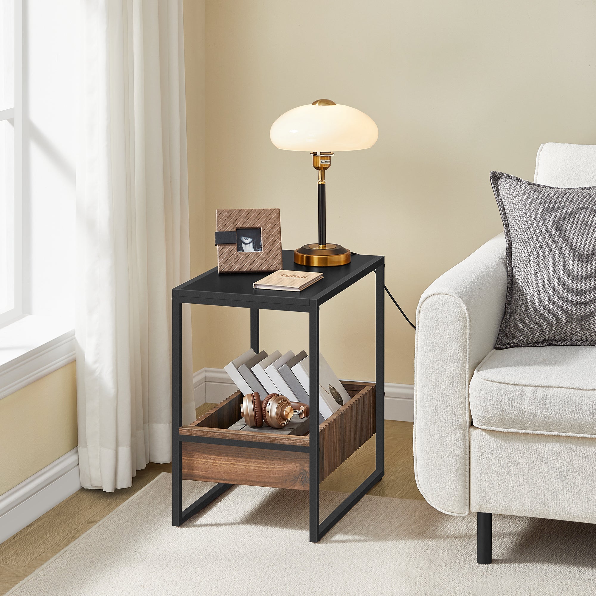 Storage table, black and walnut with compartment, steel frame, 55x35x55cm