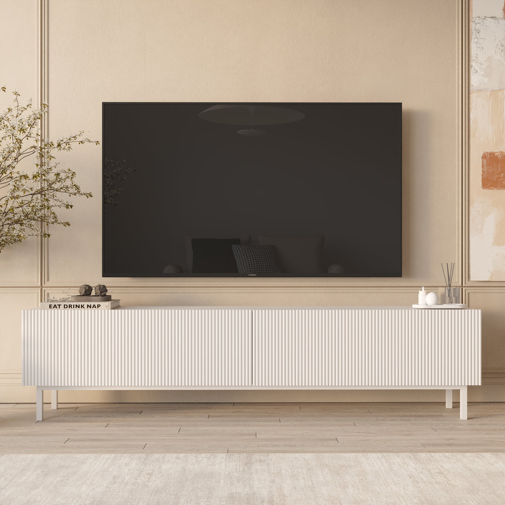 White Fluted TV Stand with Drop-Down Storage