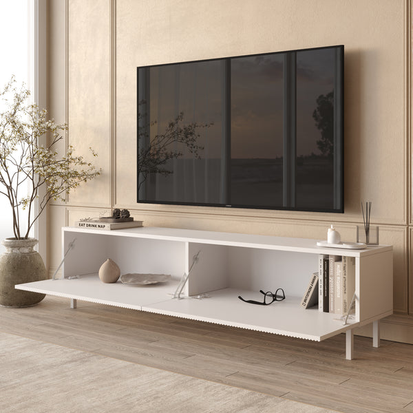 White Fluted TV Stand with Drop-Down Storage