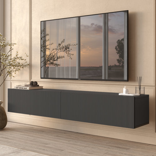 Anthracite Floating Fluted TV Unit with Drop-Down Storage