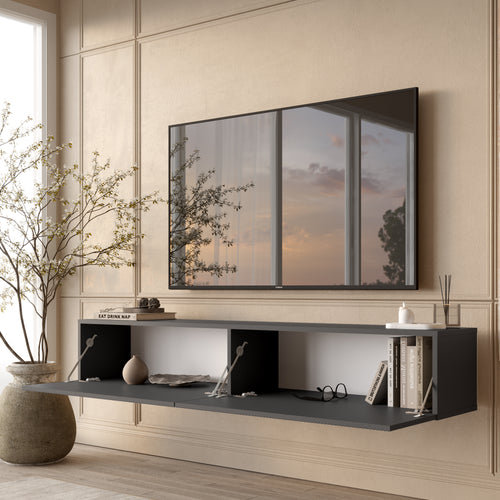 Anthracite Floating Fluted TV Unit with Drop-Down Storage