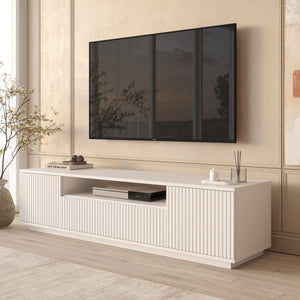 White Fluted TV Stand with Storage & Media Shelf