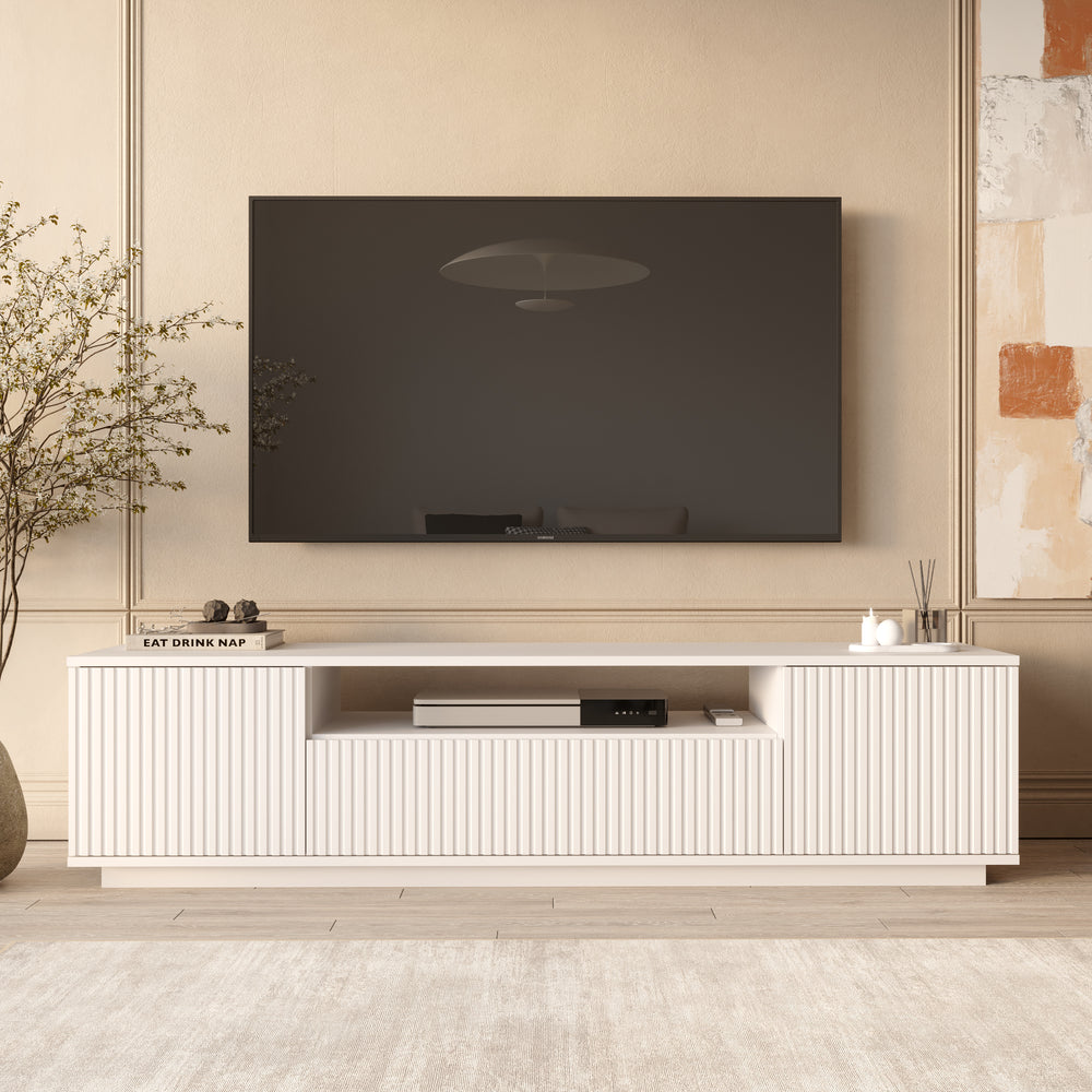 White Fluted TV Stand with Storage & Media Shelf