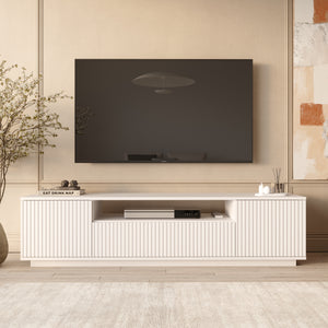 White Fluted TV Stand with Storage & Media Shelf