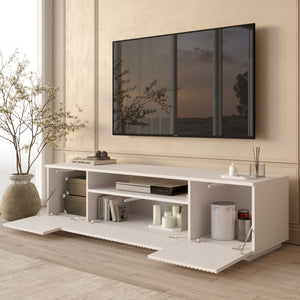 White Fluted TV Stand with Storage & Media Shelf