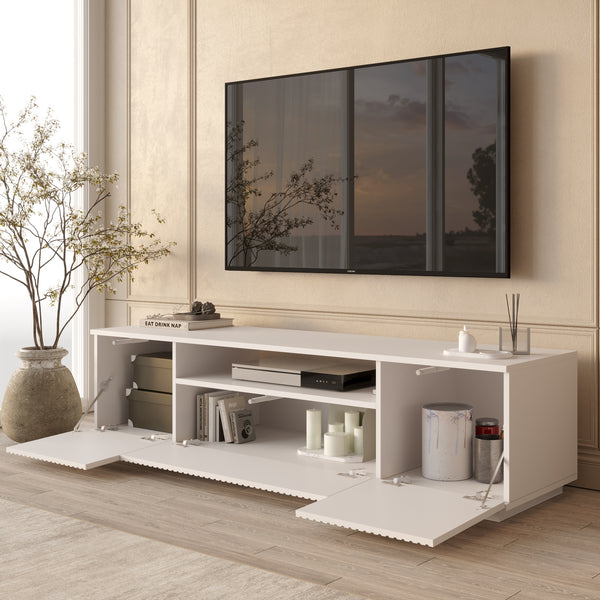White Fluted TV Stand with Storage & Media Shelf
