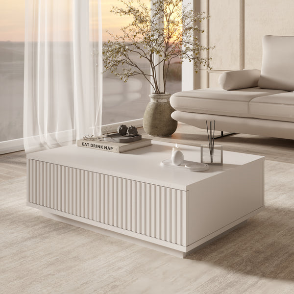 White Fluted Coffee Table – Modern Low Storage Table