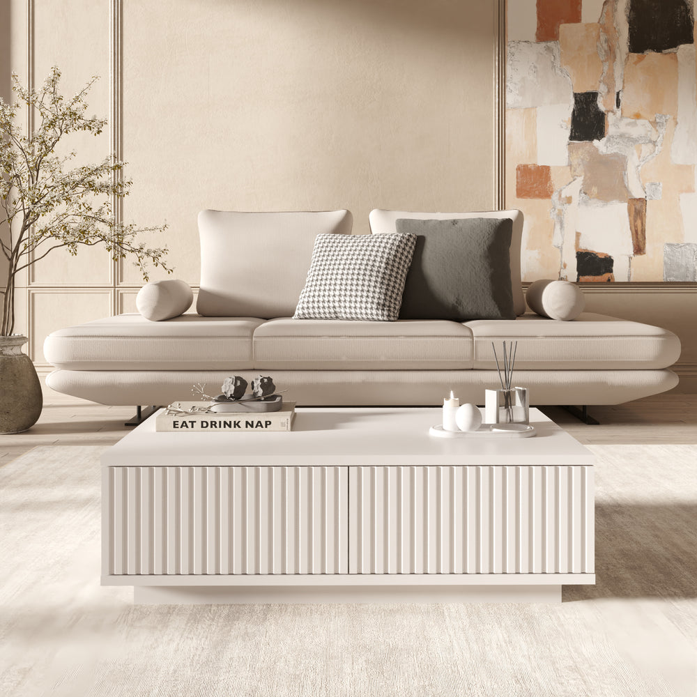 White Fluted Coffee Table – Modern Low Storage Table