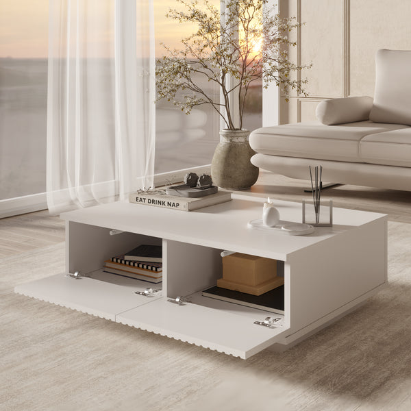 White Fluted Coffee Table – Modern Low Storage Table