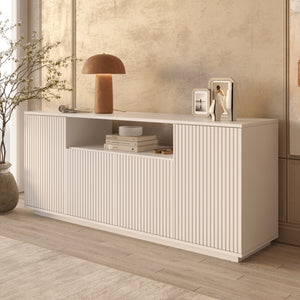 White Fluted Sideboard 4-Door Storage - Open Display Shelf