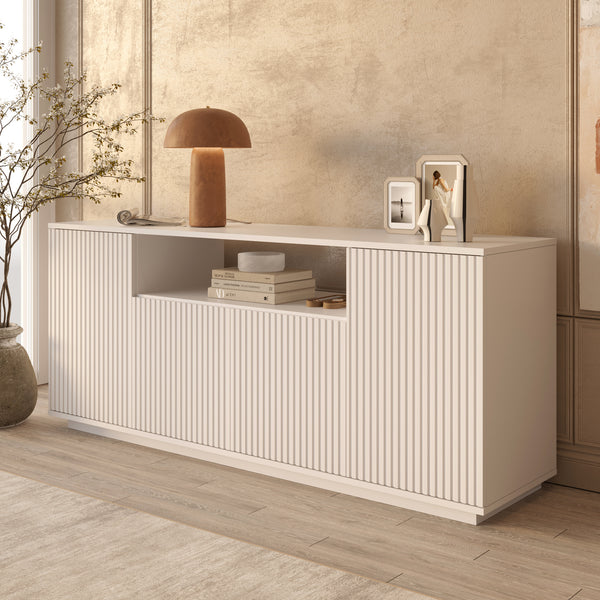 White Fluted Sideboard 4-Door Storage - Open Display Shelf