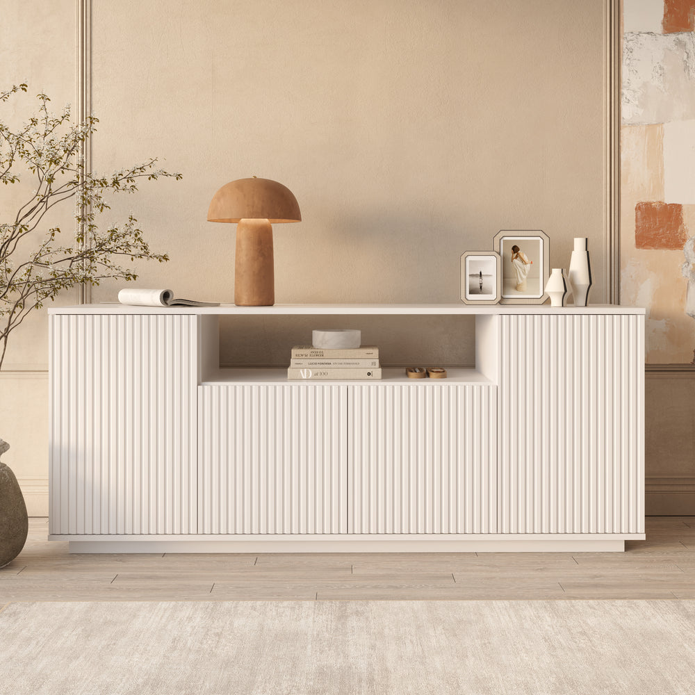 White Fluted Sideboard 4-Door Storage - Open Display Shelf