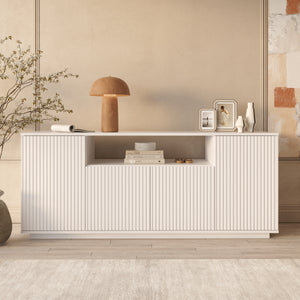 White Fluted Sideboard 4-Door Storage - Open Display Shelf