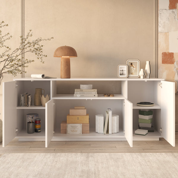 White Fluted Sideboard 4-Door Storage - Open Display Shelf